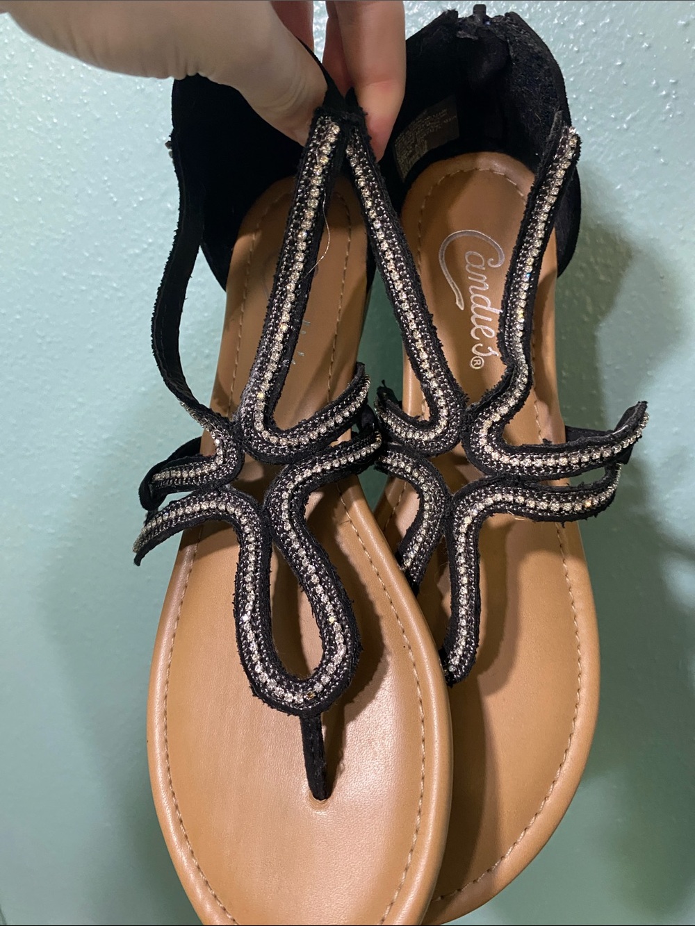 Candie’s Black Beaded T-Strap Sandals with Tan Footbed